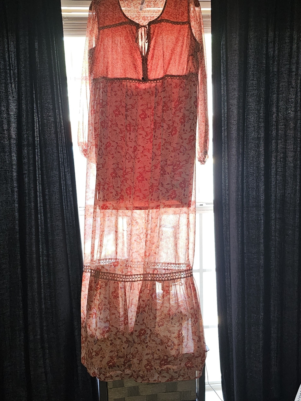 Xhilaration Sheer Boho Floral Maxi Dress in Brown And Pink W/Crochet Sz Xl